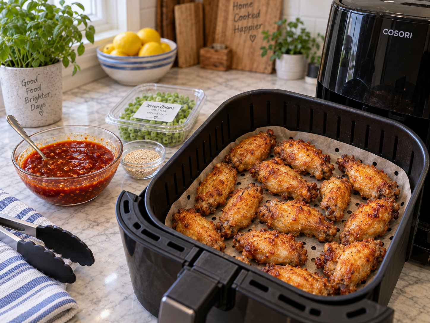 Air Fryer Basket Loaded with Crispy Korean Chicken Wings